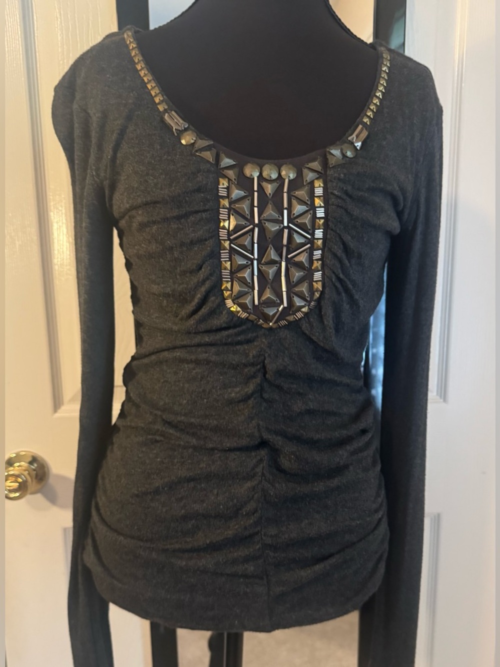 Cabi Charcoal Antoinette Beaded Embellished Shirt Medium